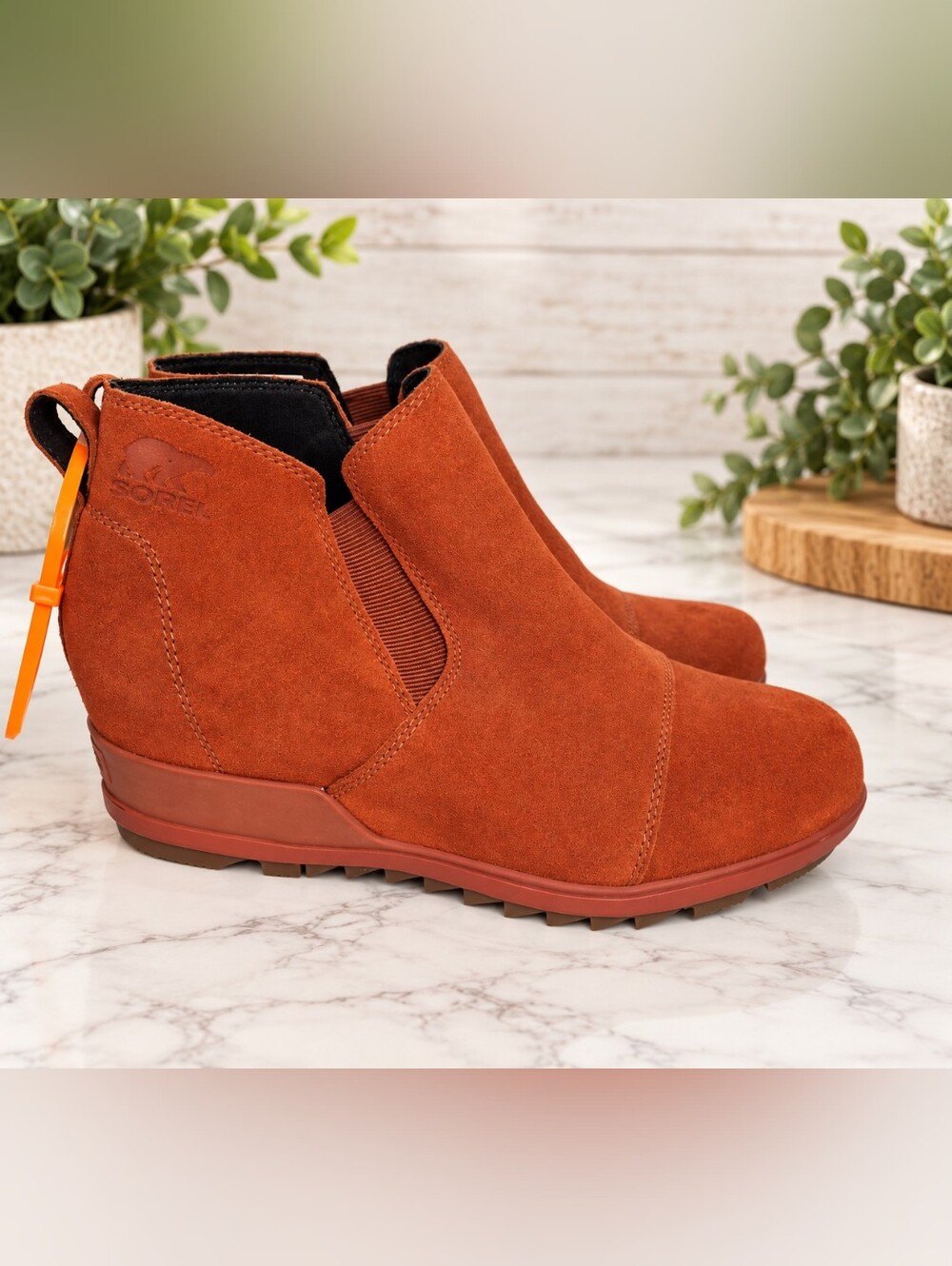 Sorel Evie Pull-On Waterproof Suede Wedge Booties Warp Red 9.5 NWOT